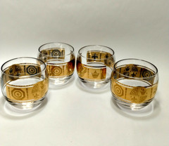 (4) VITO BARI GOLD ROLY POLY Cocktail Glass~CULVER Style Bar Glass~3″x3~22k Gold