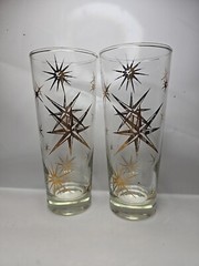 Rare Pair (2) MCM North Star burst Gold Atomic Highball Collins Glasses