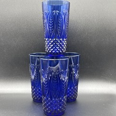 (4) Arcoroc Royal Sapphire Cobalt Blue Beverage Glasses Palm Leaf France 14oz