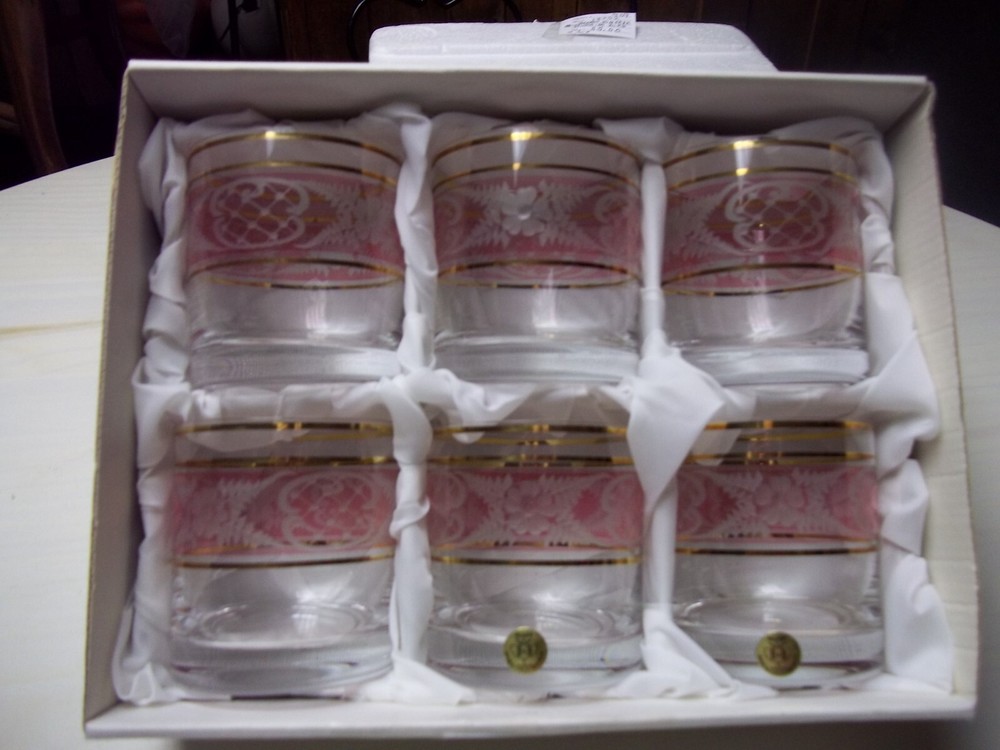 FANCY SET OF 6 CZECH ETCHED TUMBLERS IN ORGINAL BOX NEVER USED #1420