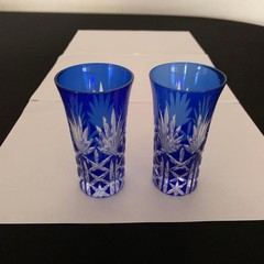Edo Kiriko Blue Glass Set of 2 12cm Traditional Cut Decor