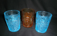 EAPG Paden City Etta Pattern Glass Tumbler Glasses 2 Blue 1 Amber Circa 1918