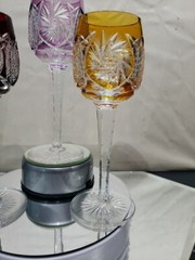 3 Wine Glasses Hocks Goblets Amber, Purple. & Red Cut to clear Crystal Buzzstars