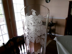 Pink Depression Glass 6″ FOOTED TUMBLER w/ ELEGANT ETCHED ROSE – ? Heisey ?