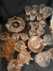 Vintage Pink & Clear Depression Glass Mixed Drinkware Set Lot w/ Serving Pieces