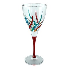 Pair of Murano Wine Glass Hand Painted Multi Red Stem Venice Italy