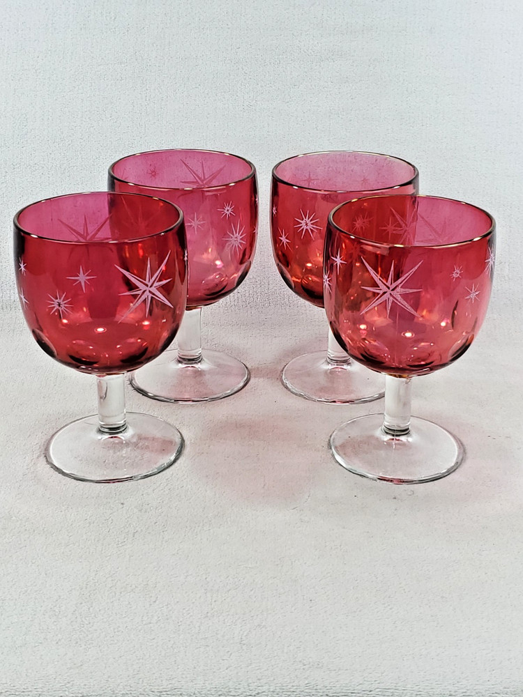 VTG MCM Bartlett Collins Etched Atomic Starburst Red Thumbprint Goblets Set Of 4