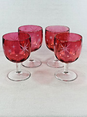 VTG MCM Bartlett Collins Etched Atomic Starburst Red Thumbprint Goblets Set Of 4