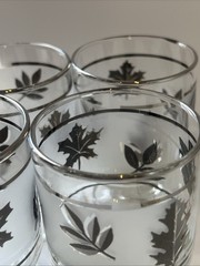 Atomic Era MCM Silver Leaf Frosted Glass Pitcher +4 Goblets VTG Cocktail Bar Set