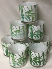 GEORGES BRIARD VNTG BAMBOO SIGNED MCM GREEN & WHITE DOUBLE OLD FASHIONED GLASSES