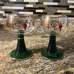 Vintage German Roemer Wine Glasses Green Beehive Stem Gold Set of 2