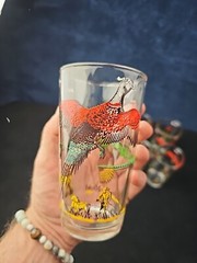 Set 8 VINTAGE MCM Hazel Atlas Pheasant Bird Hunting Glasses 5″ Barware 12 Oz EUC