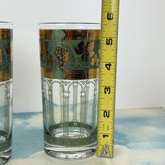 VTG Cera Tumblers Gold Grapes Green Pillars High Ball Glass 12 oz 22K? MCM Set 6