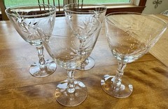 Set 4 Crystal Wine Goblet Glasses Etched Pinwheel Starburst Geometric Stem