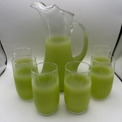 Vintage MCM Blendo Frosted Lime Green Pitcher + 6 Glasses Set Retro Bar Ware WV