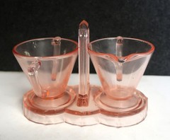 Vtg Pink Depression Cream & Open Sugar Matching Caddy Westmoreland Modernistic