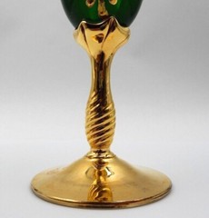 VINTAGE CZECH BOHEMIAN FLORAL DESIGN HAND-PAINTED EMERALD GREEN AND GOLD GOBLET