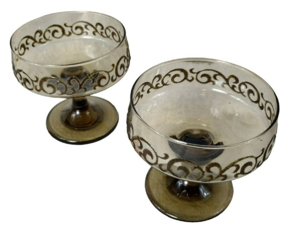 Vintage Libbey Brown Swirl 1970s Prado 2 Piece Champagne Goblets Dessert Bowls