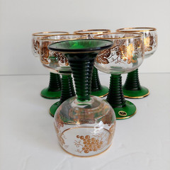 Vintage Set Of 6 Green Beehive Stem Cordial Glasses Gold Rim Germany 5 oz