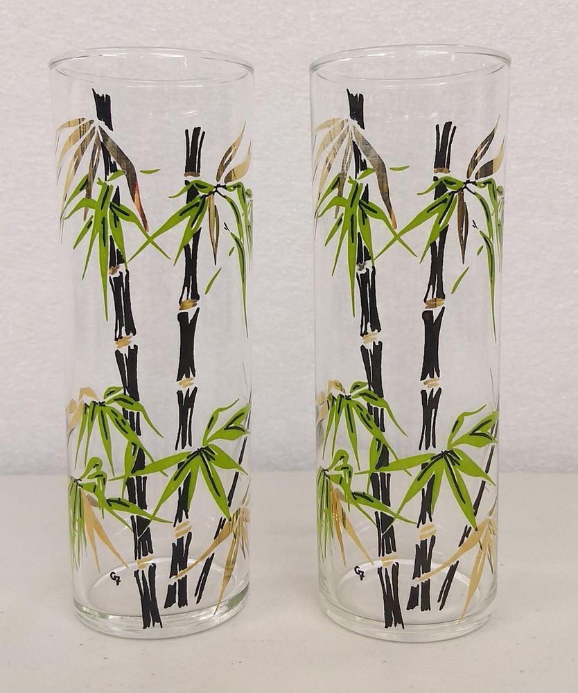 2 Vintage FEDERAL GLASS Mid Century Modern GOLD BAMBOO Highball Drinking Glasses