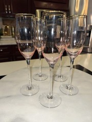 Lot Of 5 Glass Wine, Champagne Pink And Gold Rim