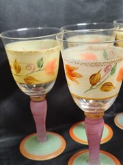 Vintage Gibson Hand Crafted Painted Floral Wine Goblets – Pink & Green Art Glass