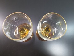 Vintage Amber w/ Gold Trim Beehive Stem German Roemer Wine Glasses Set of 2