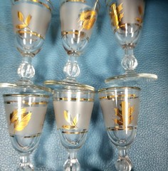 VTG Libbey Frosted Glass Golden Foliage Gold Leaf Set 8 Cordial Glasses Stemmed