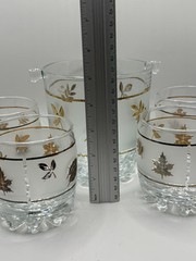 Vintage Pasabahce Frosted Glass With Gold Leaves Ice Bucket And 4 Rocks Glasses