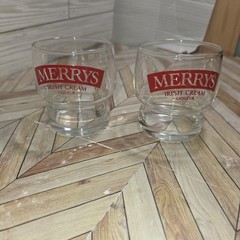2 Pc Set Merrys Irish Cream Liqueur Glasses Clear w Red Lettering 3″ Tall