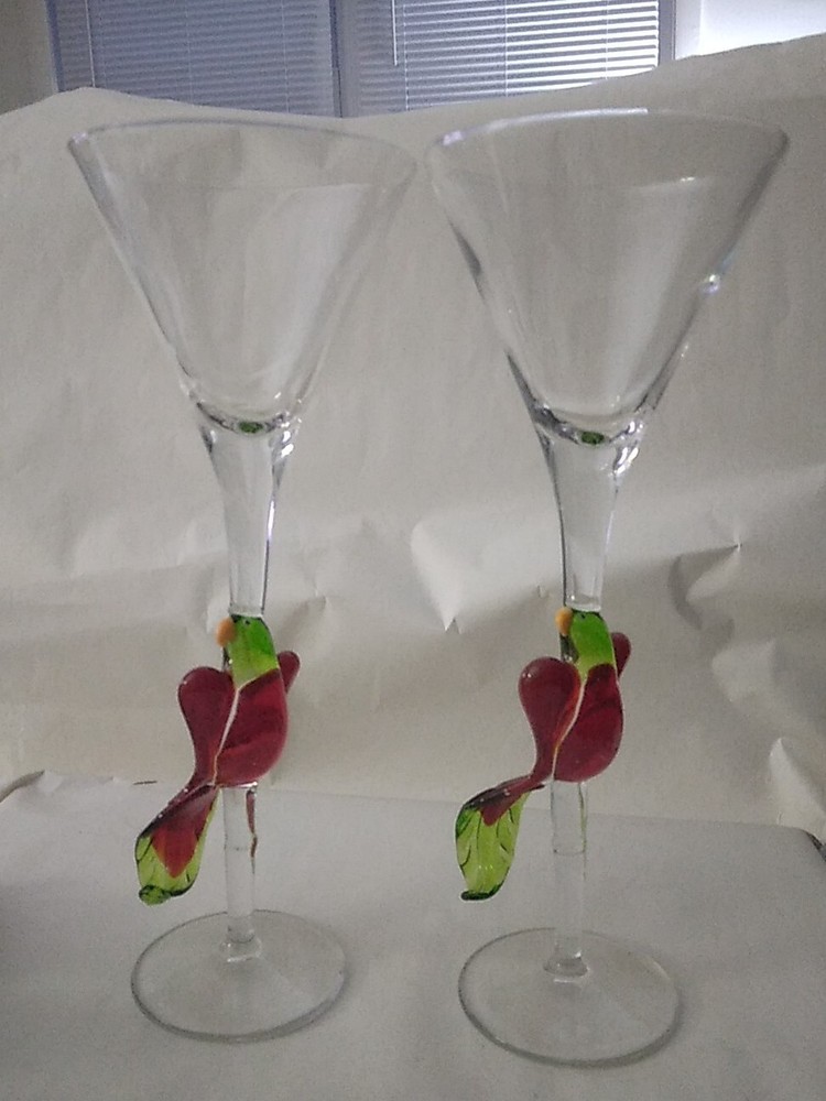 Handblown Art Glass Parrot Goblet 2pc Figural 3D Bird Bar Ware Martini Wine