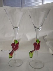 Handblown Art Glass Parrot Goblet 2pc Figural 3D Bird Bar Ware Martini Wine