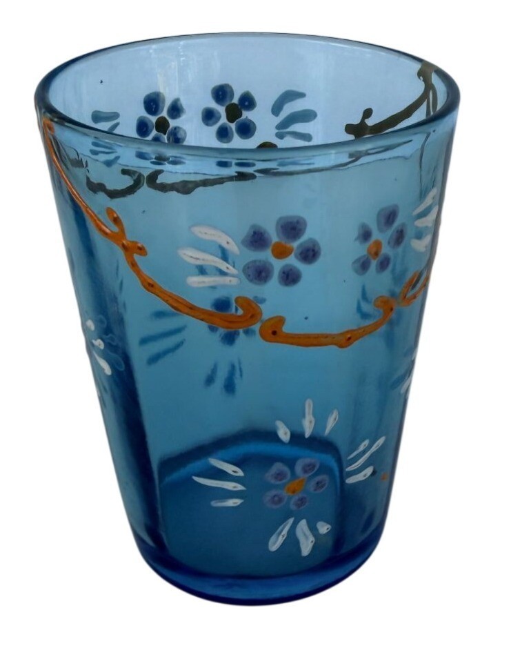 Vintage Enamel Hand‑Painted Glass Tumbler Blue Daisy Vine Design