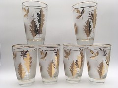 LIBBEY GOLD LEAF Set of 6 Frosted Highball Glasses MCM Vintage Barware Retro