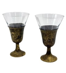 Vtg RARE Pair Handcrafted Brass Wine Goblets w/Removable Glass Beakers Patina
