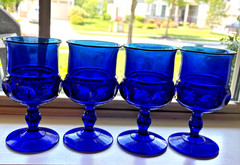 4 VTG Indiana Glass Cobalt Blue Kings Crown Thumbprint Water Wine Goblet 5.5″