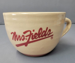 Vintage Mrs. Fields Ceramic Mug Tan Large 24 oz Soup Coffee Cup Cafe Logo Comfor