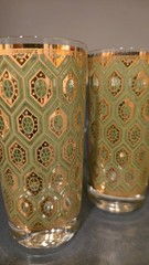 4 CULVER Green Gold geometric hiball glasses ALL SIGNED Beautiful condition!