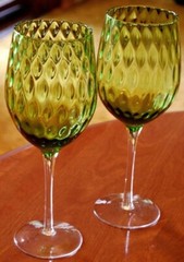 Vtg 9.5″ Set 2 EMPOLI ITALY Hand Blown GREEN TEARDROP OPTIC Water Goblets 1960s