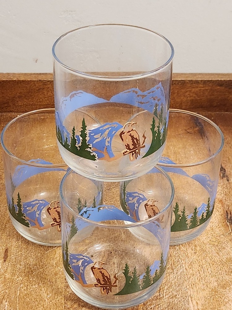 Vintage Set of 4 TIENSHAN 12oz 3½» Eagle Drinking Glasses Tumblers NEW
