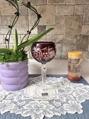 Godinger Ruby Red Cut Crystal Wine Glass Grapes Floral Tall Stemware Romania
