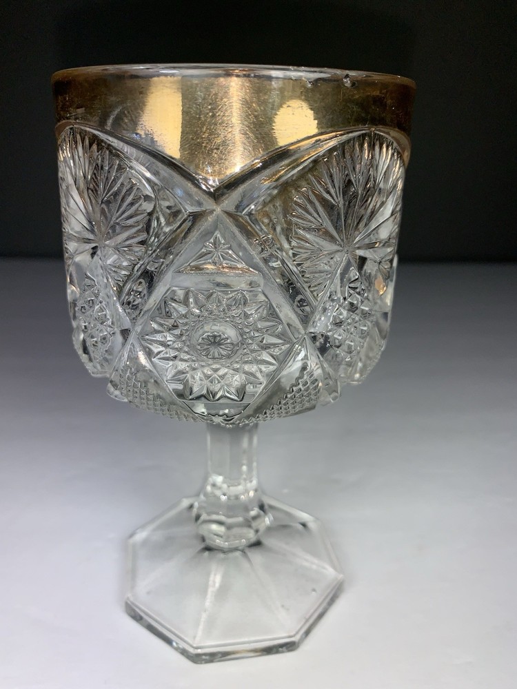 Antique US Glass Regal Clear/Gold Trim Water Goblet EAPG 1906 Stem 6” Tall