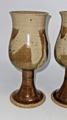 2 Studio Art POTTERY Handmade Stoneware Wine Glass GOBLET Tulip Shape Lt Tan