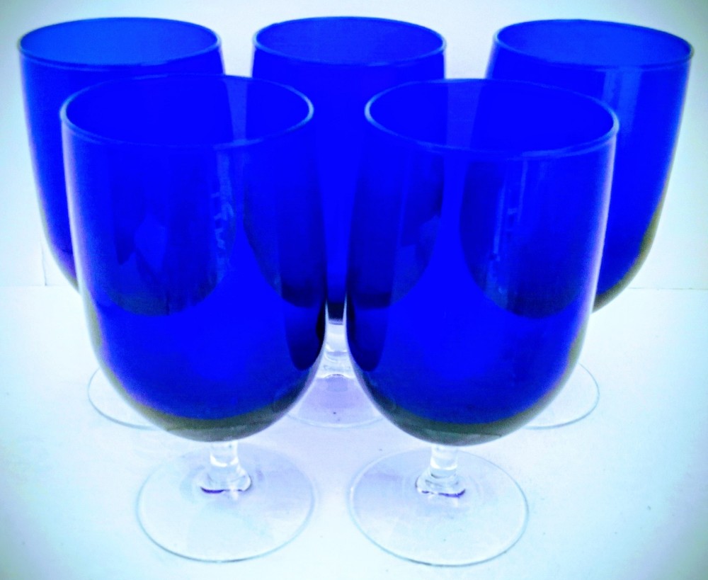 Set of 6 Libbey Glass Optic Crystal Blue Water Goblet 775