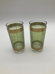 Pair (2) Continental Can Co Green Basketweave Highball Glass 22K Gold Edging