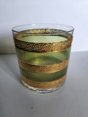 Set of 4 MCM Culver Starlyte 22k Gold Gilded Green Striped Rocks Lowball Glasses