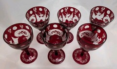 Egermann Czech Bohemian Ruby Red Hand Cut to Clear Cordial Liquor Glass x6