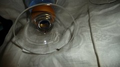 #1120 Water GLASS 2 Goblet BLOCK Crystal 7″ T STEMED BLUE w Mustard Gold & Clear