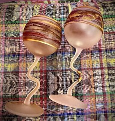 PAIR HEBRON ART GLASS Gold-trim Crooked-Stem Wine Goblets FROSTED EUC