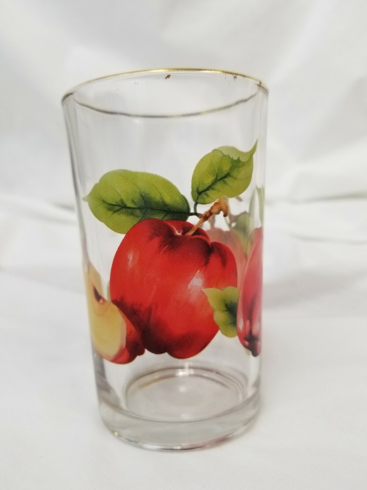 Apple Juice Glass 7ozs Gold Rim Screen Print Apple Decoration 4inches Tall